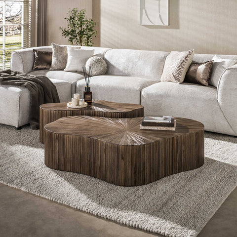 Couchtisch 2er-Set Kleeblatt-Form XL – Teakholz massiv, Espresso