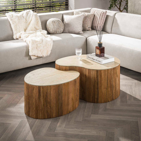 Couchtisch 2er-Set nierenförmig – Mangoholz massiv, Sand