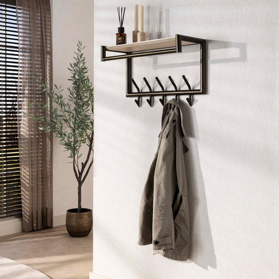 Garderobenständer Terra mit Stange und Hutablage, 2x5 Haken, 65 cm / Melamin-Travertin