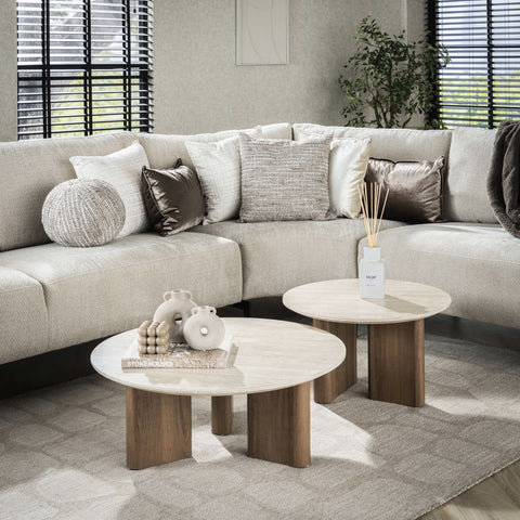 Couchtisch 2er-Set rund – Keramik Travertin-Optik