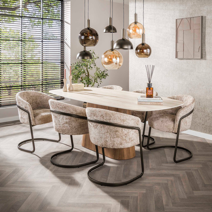 Romano Centro Esstisch, dänisches Oval, 215 cm / 3D-Keramik, Travertin