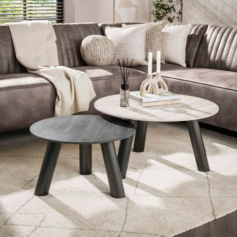 Couchtisch Twin Round Set aus 2 / 3D Keramik Travertin schwarz/grau