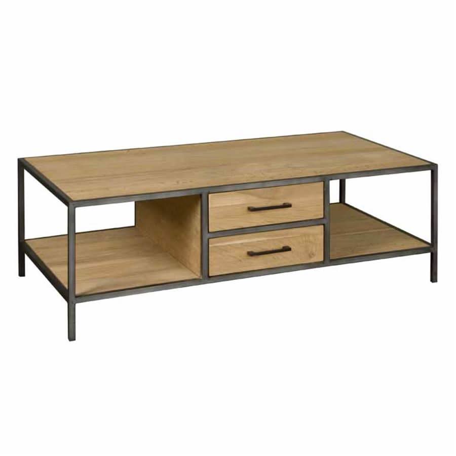 Couchtisch Oppdal Eichenfurnier, Gestell Metall Gunmetal, mit 4 Schubladen – Rauchbraun