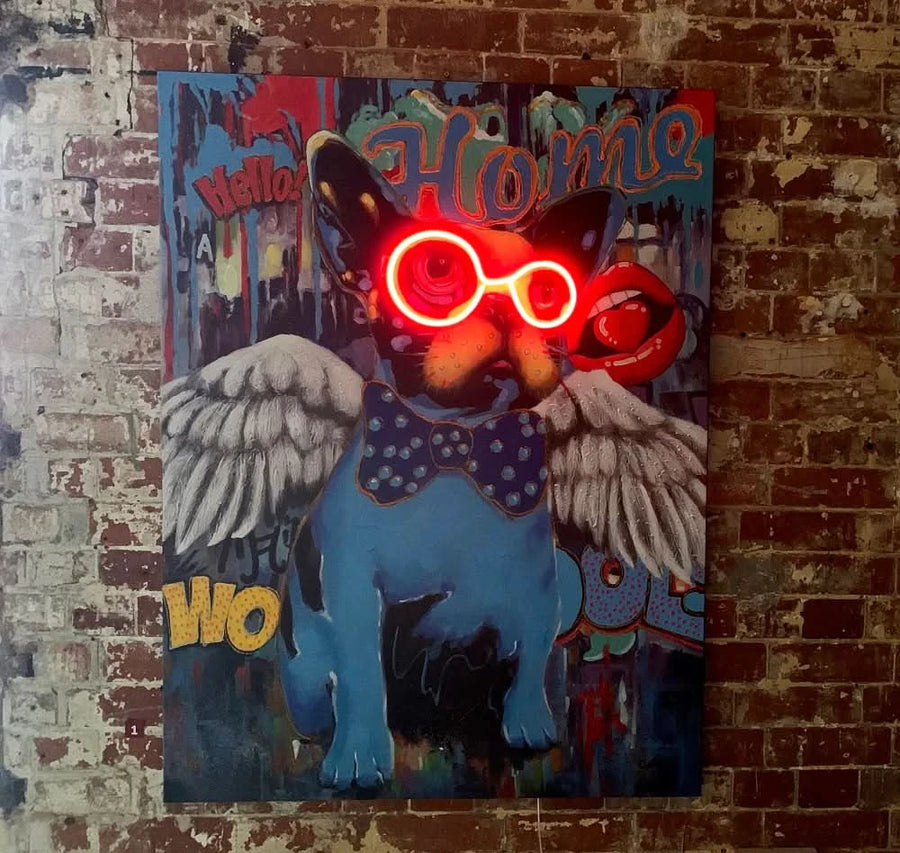 'Hund mit Flügeln' Kunstwerk - LED Neon 90x120 cm