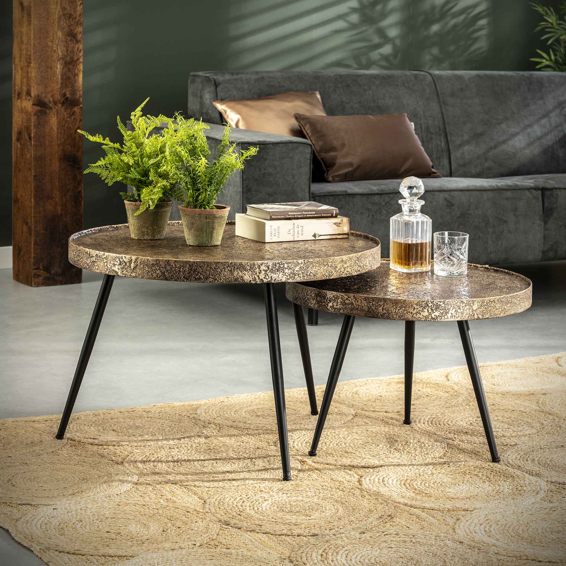 Couchtisch 2er-Set mit aufrecht Rand rund Metallisch – Antike bronze – Sofa4You