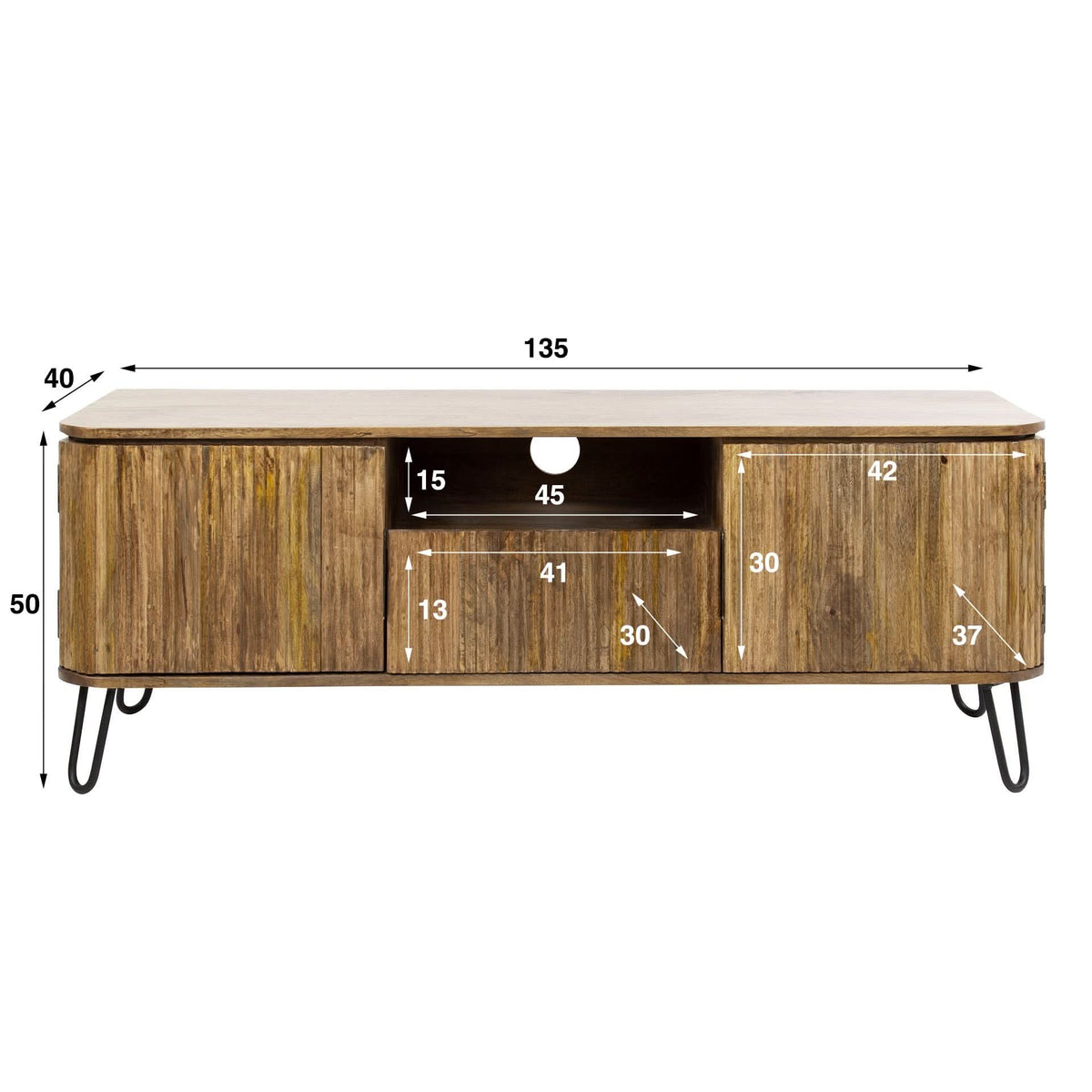 TV-Möbel mit 2 Türen und Schublade, 135 cm – Mango massiv, Sand – Ansicht 4