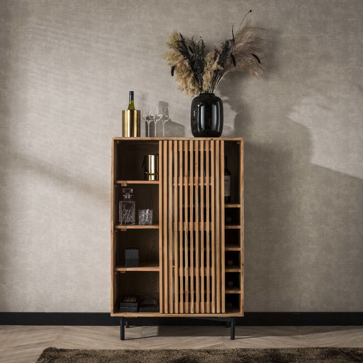 Weinschrank mit Schiebetür, 80 cm – Akazie massiv – Ansicht 2