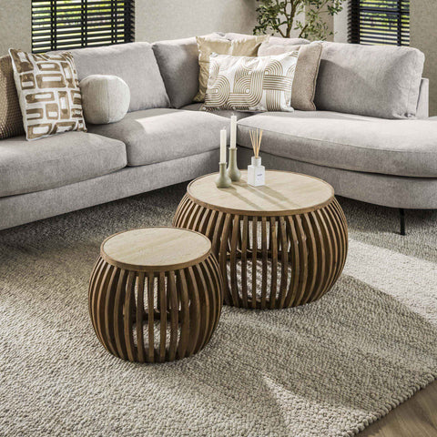 Couchtisch 2er-Set geschwungen – Mangoholz massiv, Sand