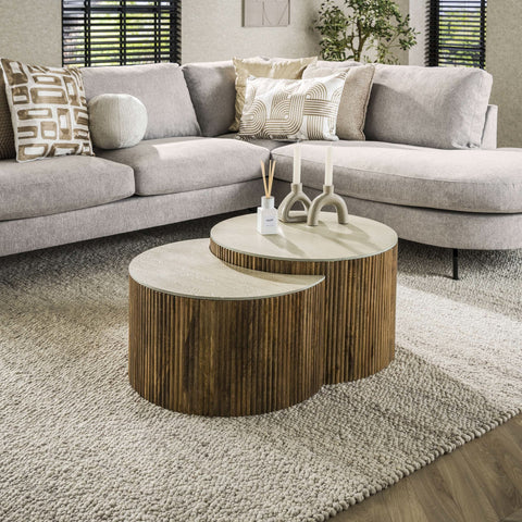 Couchtisch 2er-Set halbrund – Mangoholz massiv, Sand