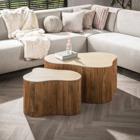 Couchtisch 2er-Set Kleeblatt-Form – Mangoholz massiv, Sand