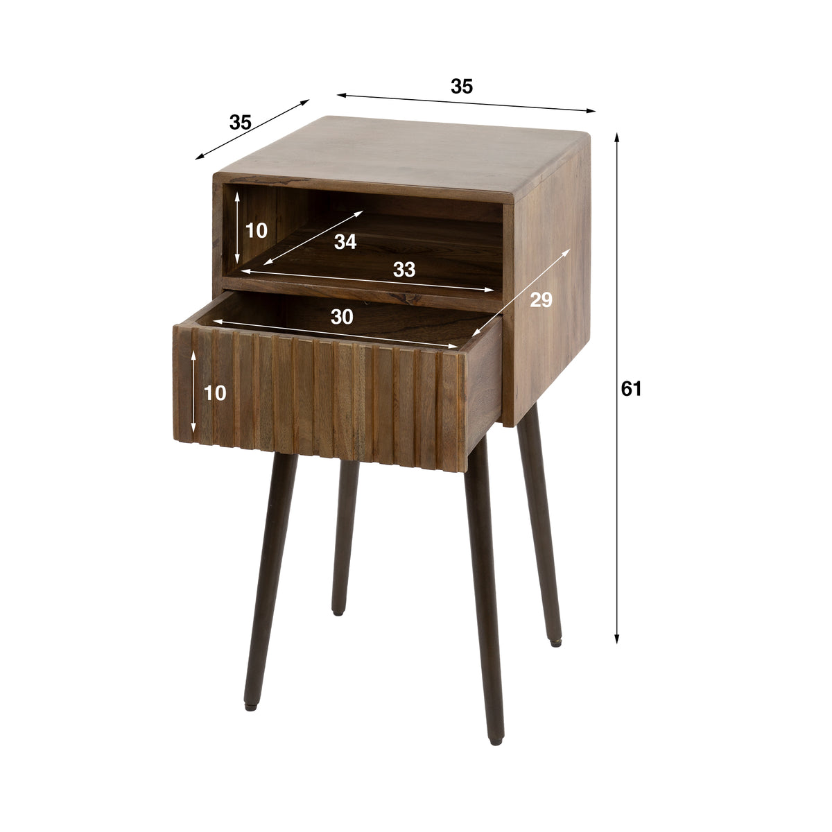 Nachttisch mit 1 Schublade, Rillenfront – Akazienholz massiv, Braun