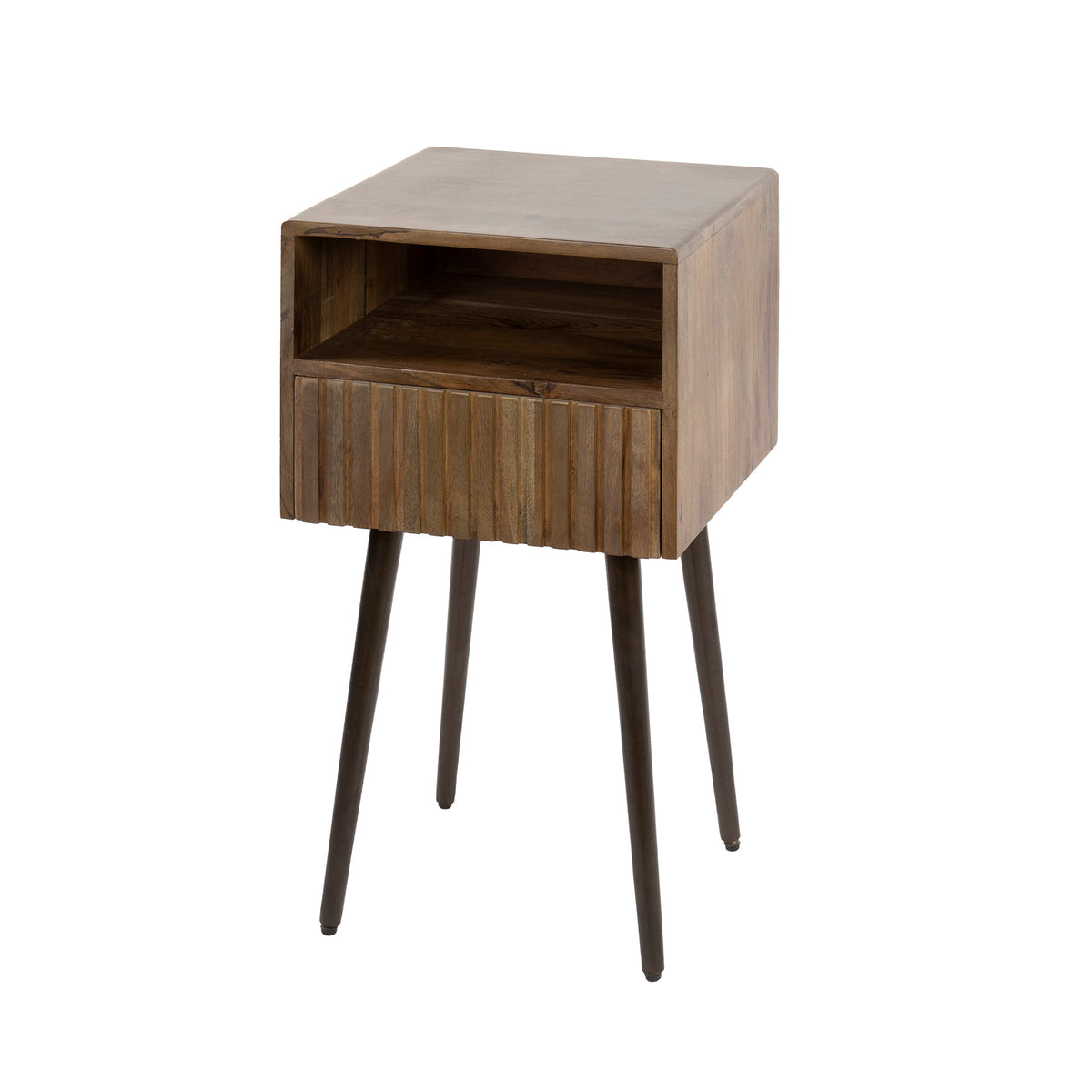 Nachttisch mit 1 Schublade, Rillenfront – Akazienholz massiv, Braun