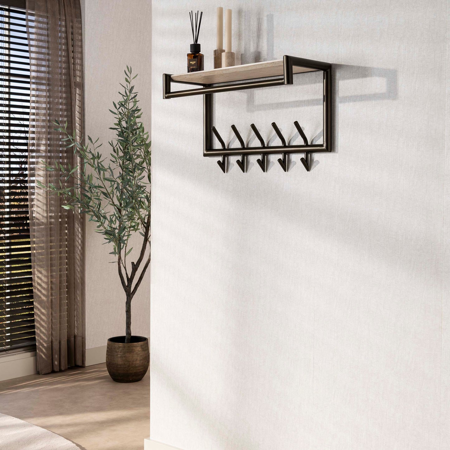 Garderobenständer Terra mit Stange und Hutablage, 2x5 Haken, 65 cm / Melamin-Travertin