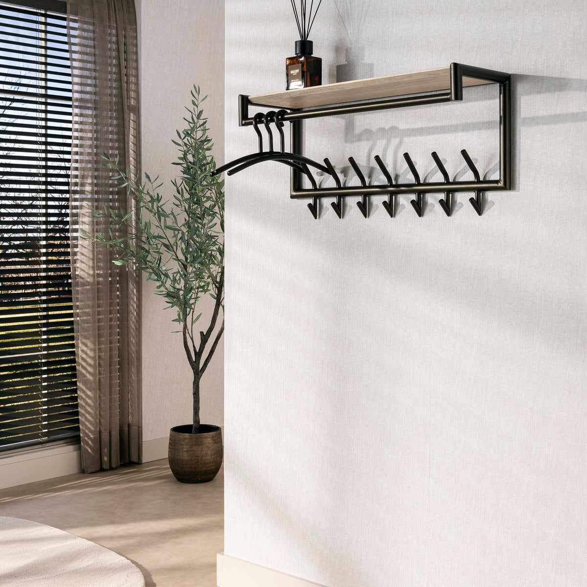 Garderobenständer mit Hutablage, 2 × 7 Haken – Melamin, Travertin-Optik