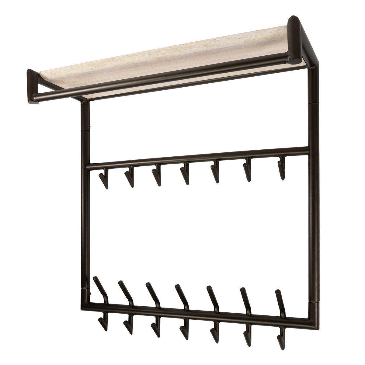 Garderobenständer hoch mit Hutablage, 3 × 7 Haken – Melamin, Travertin-Optik