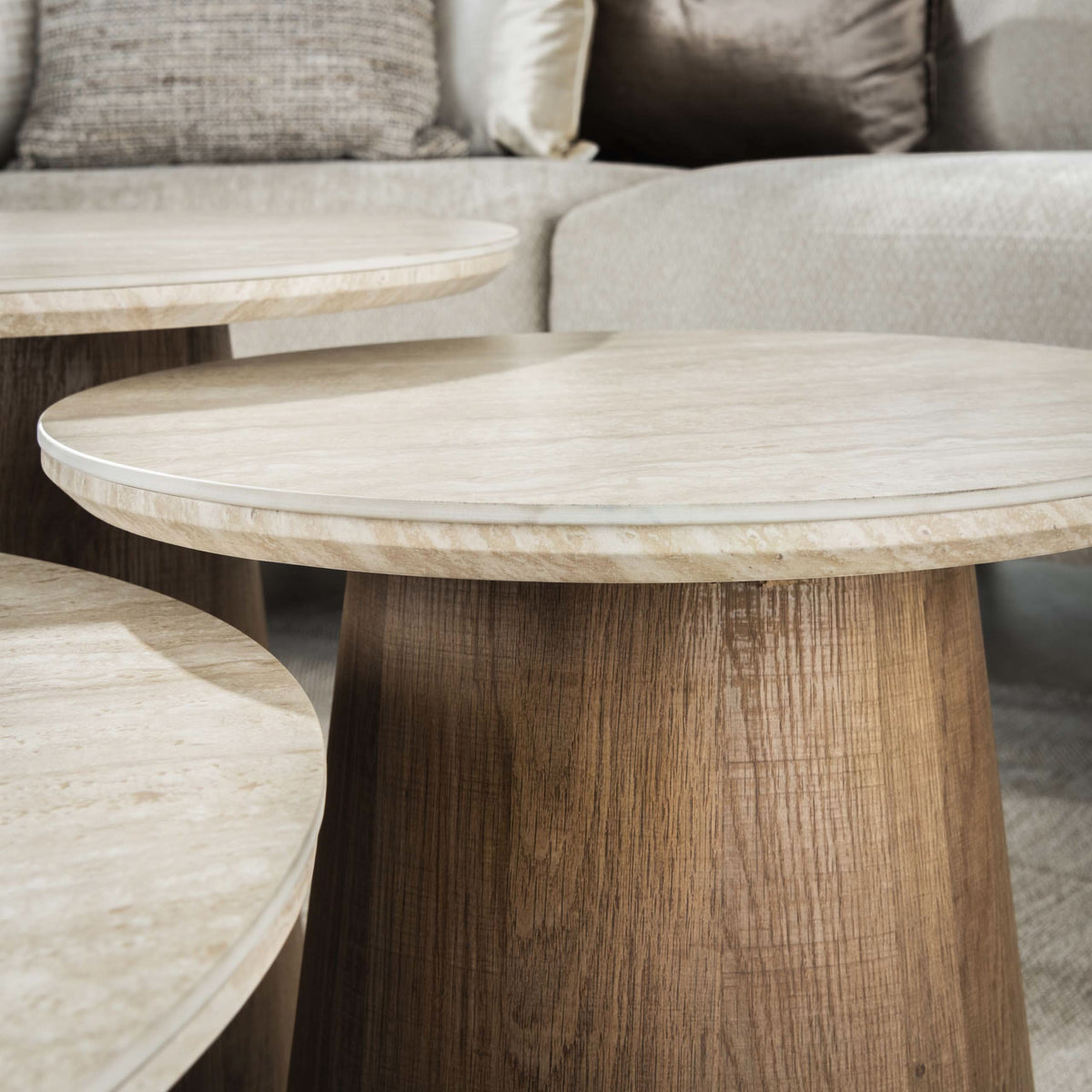 Couchtisch 3er-Set rund – Keramik Travertin-Optik – Bild 3