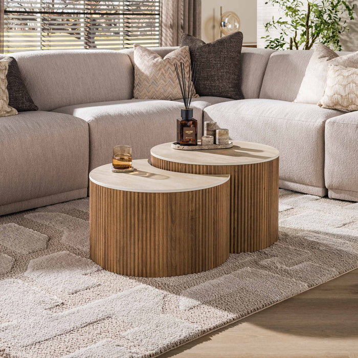 Couchtisch 2er-Set halbrund – Keramik Travertin-Optik