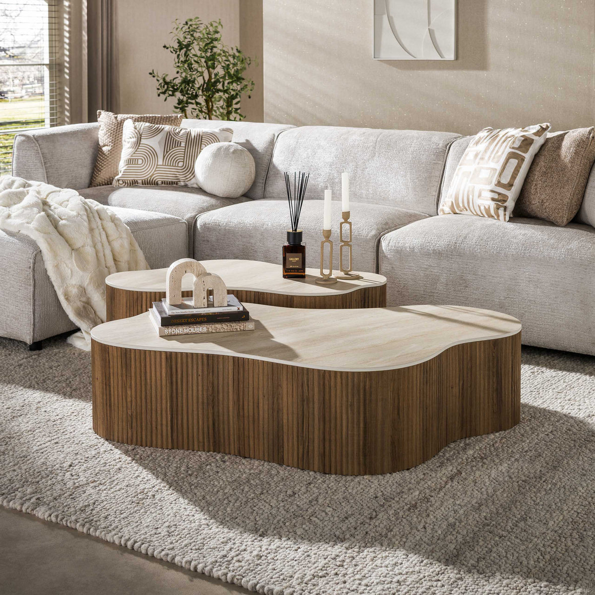 Couchtisch 2er-Set, 135 cm breit – Keramik Travertin-Optik