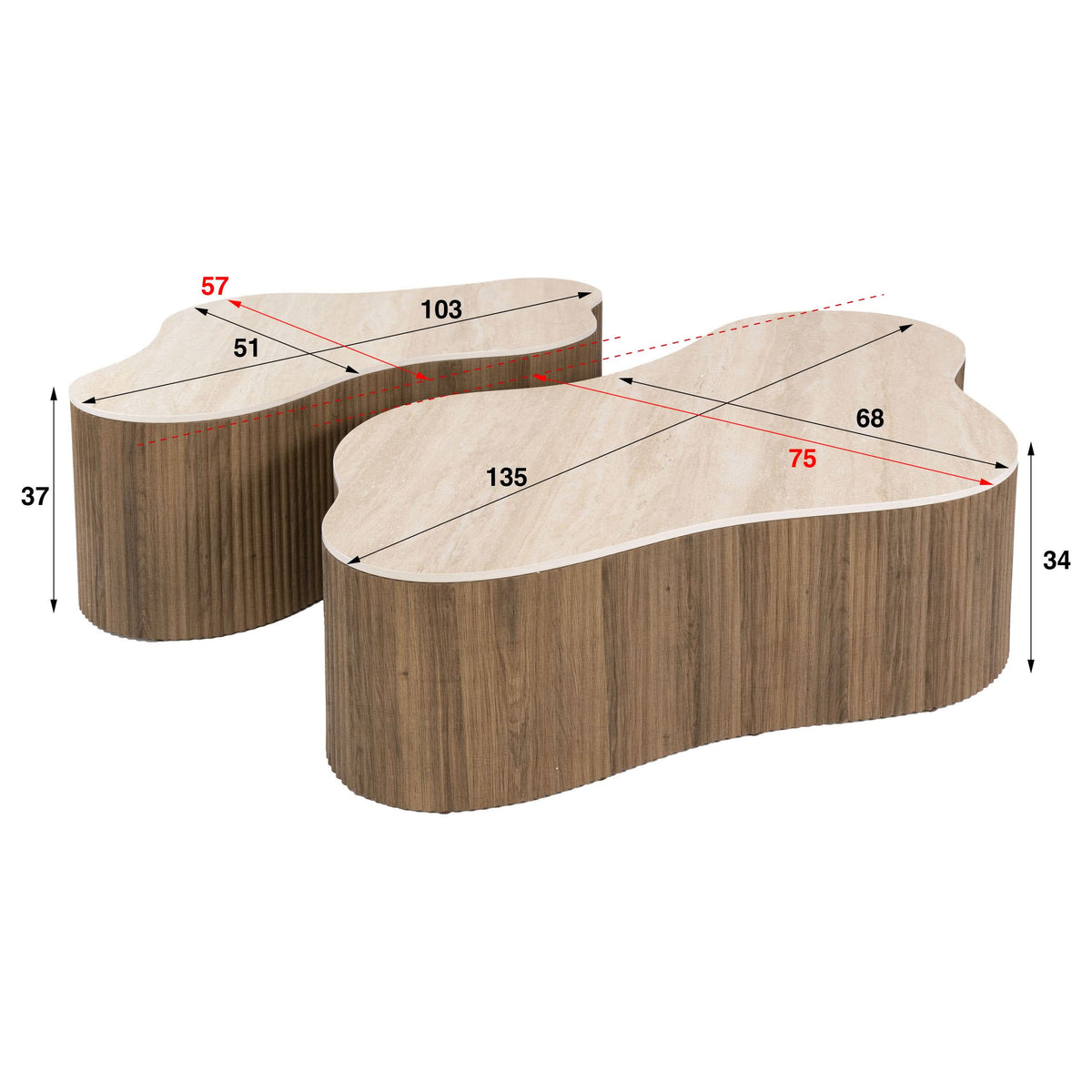 Couchtisch 2er-Set, 135 cm breit – Keramik Travertin-Optik – Bild 5