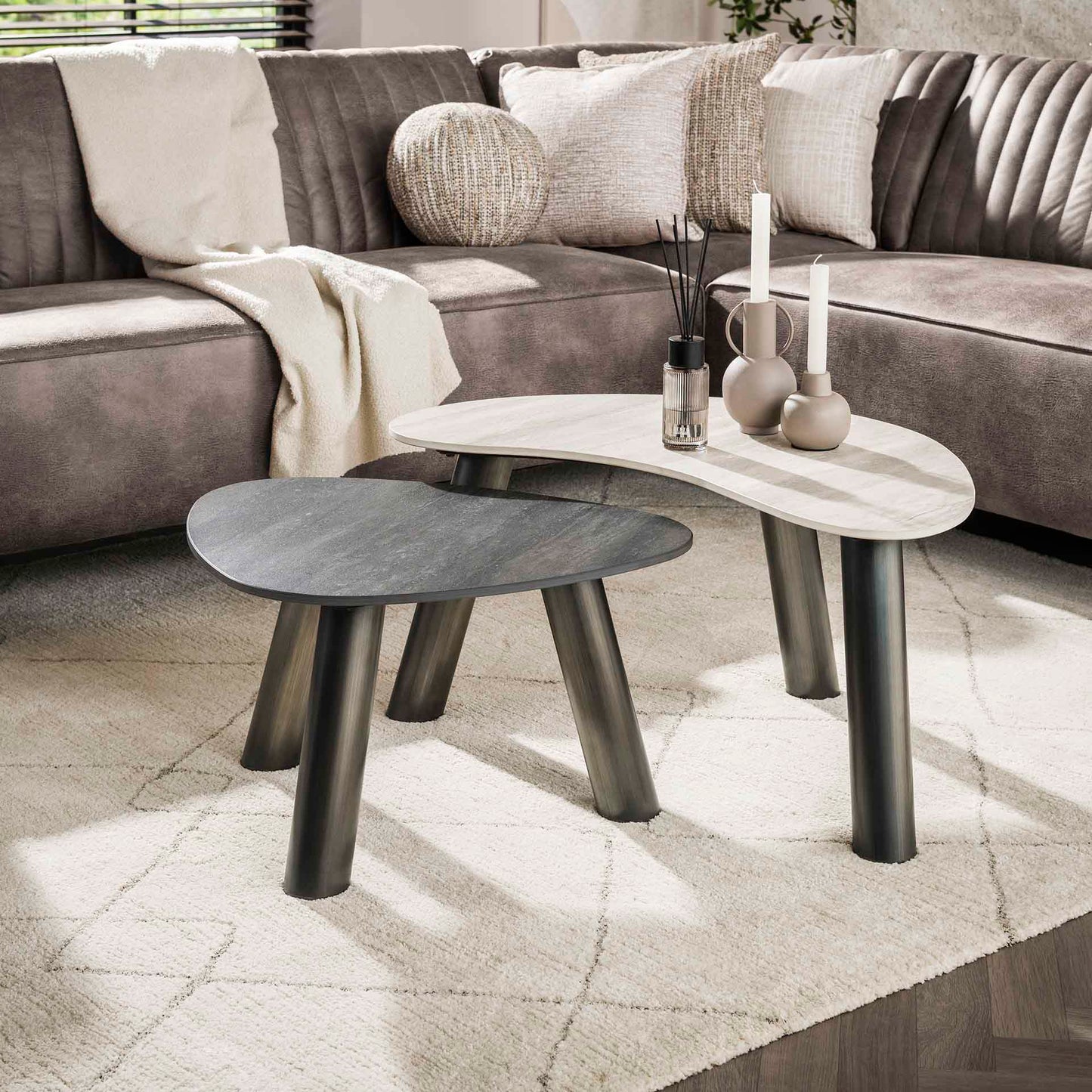 Couchtisch Twin Bio-Set aus 2 / 3D Keramik Travertin schwarz/grau