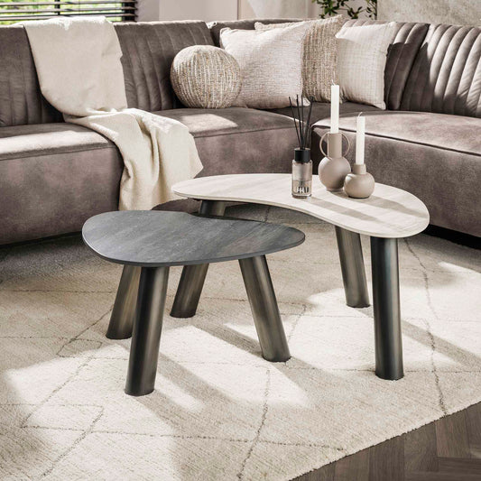 Couchtisch Twin Bio-Set aus 2 / 3D Keramik Travertin schwarz/grau