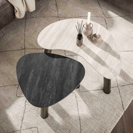 Couchtisch Twin Bio-Set aus 2 / 3D Keramik Travertin schwarz/grau