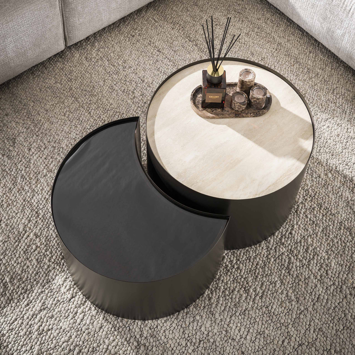 Couchtisch 2er-Set Halbmond – Keramik Travertin-Optik – Bild 2