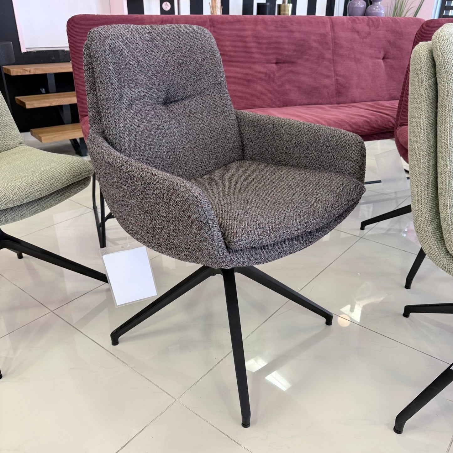 Design Essgruppe 6-tlg. – Bank + 5 drehbare Stühle (Cord & Webstoff)