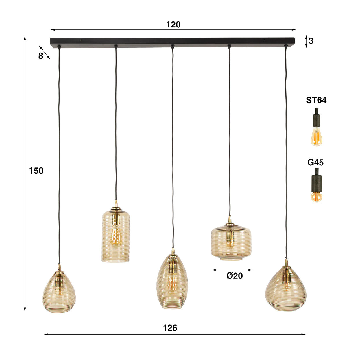 Hängeleuchte Stripe Horizontal 5-Lichter – Rauchbraunes Glas – Ansicht 5