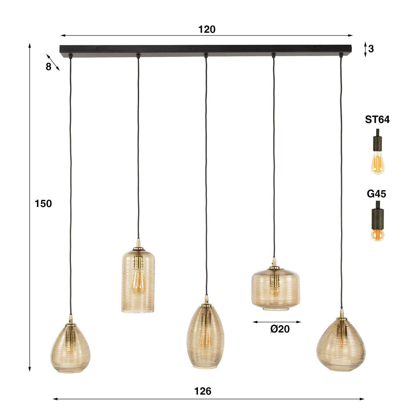 Hängeleuchte Stripe Horizontal 5-Lichter / Rauchbraunes Glas