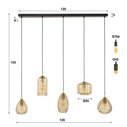 Hängeleuchte Stripe Horizontal 5-Lichter / Rauchbraunes Glas