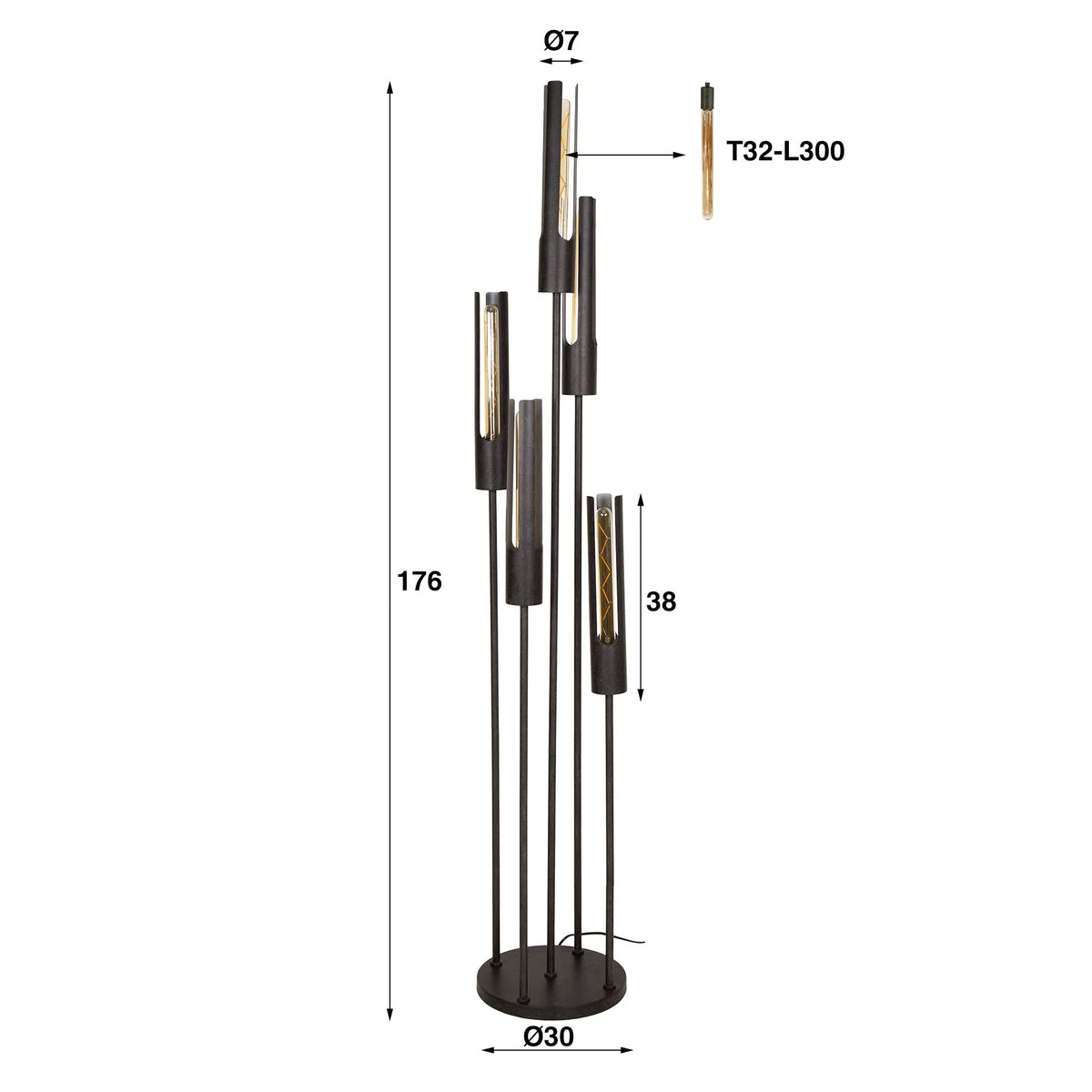 Stehlampe 5-flammig, Metall – Mattschwarz