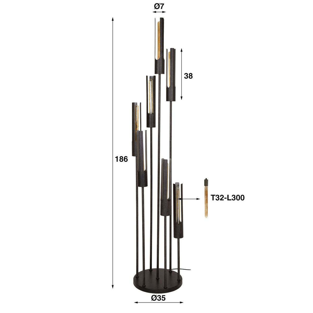 Stehlampe 7-flammig, Metall – Mattschwarz