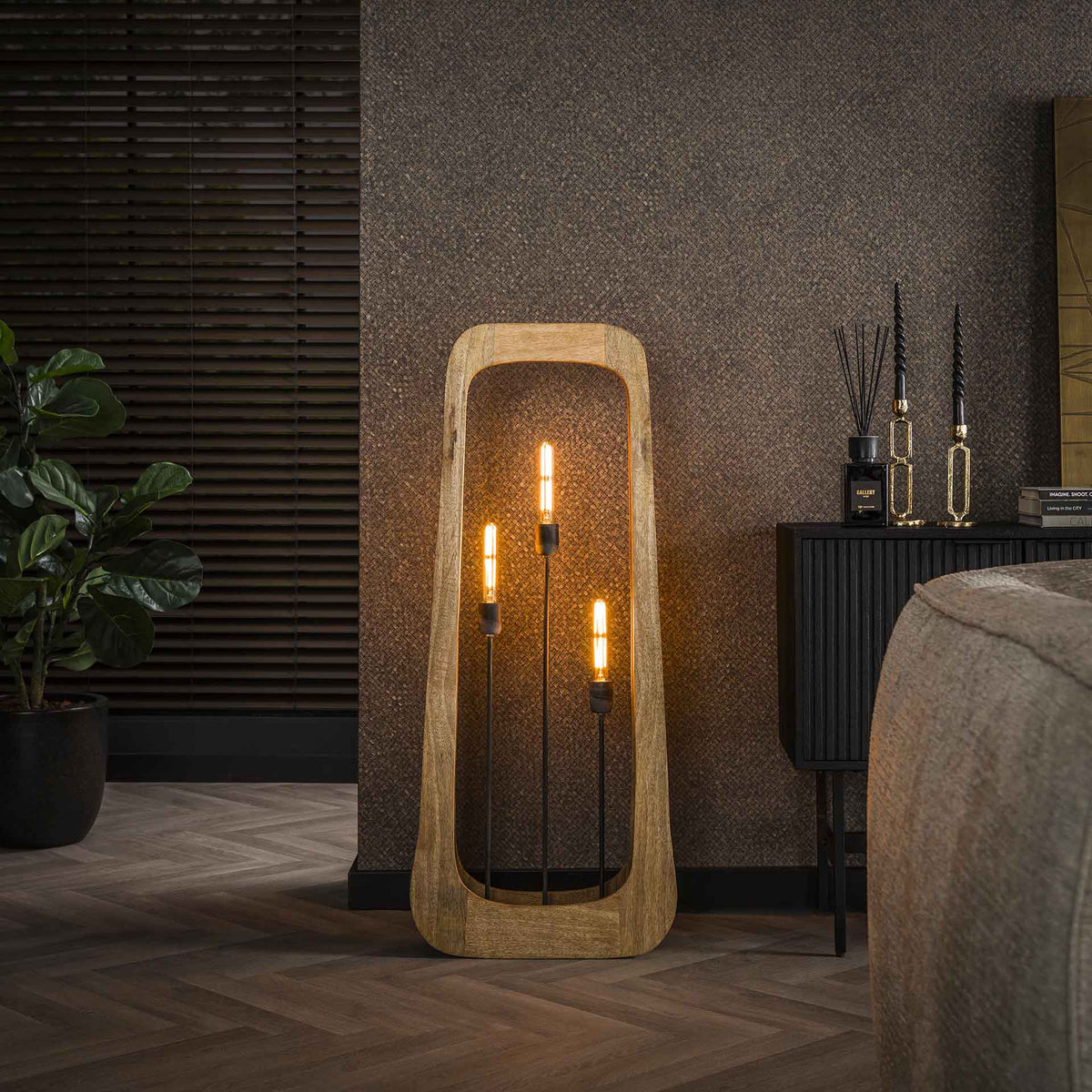 Stehlampe 3-flammig, Holz – Mangoholz massiv