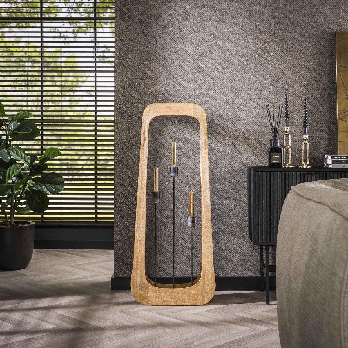 Stehlampe 3-flammig, Holz – Mangoholz massiv