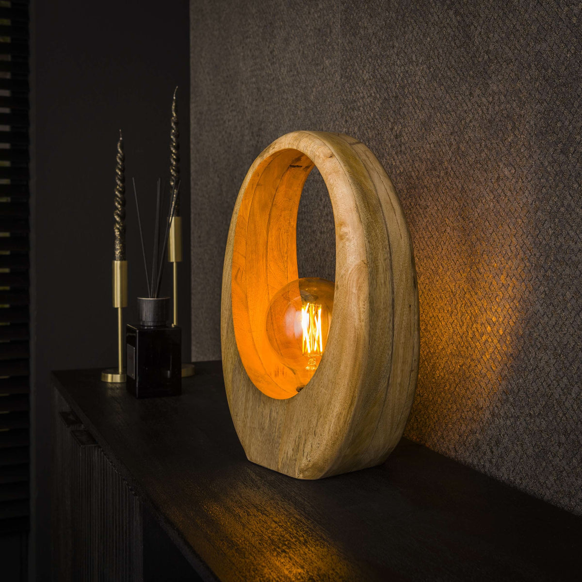 Tischlampe 1-flammig, Holz, 30 cm breit – Mangoholz massiv