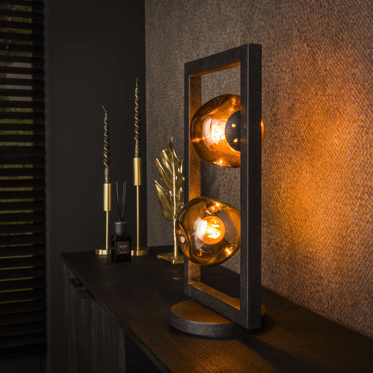 Tischlampe 2-flammig, Glas – Mattschwarz