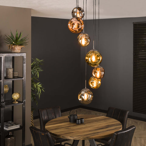 Hängelampe 7-flammig, Glas, 40 cm breit, H 280 cm – Altsilber