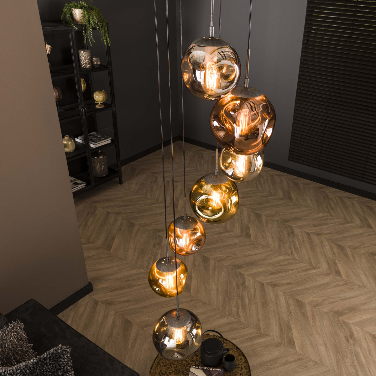 Hängelampe 7-flammig, Glas, 40 cm breit, H 280 cm – Altsilber – Bild 4