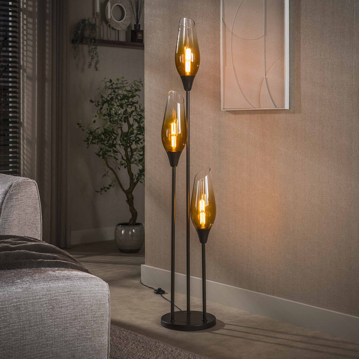 Stehlampe 3-flammig, Glas – Sienna-Braun / Rauchglas