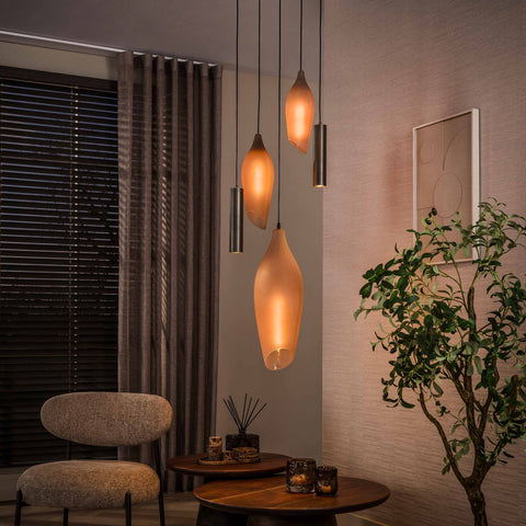 Hängelampe 5-flammig gestuft, 60 cm breit – Sienna-Braun / Milchglas