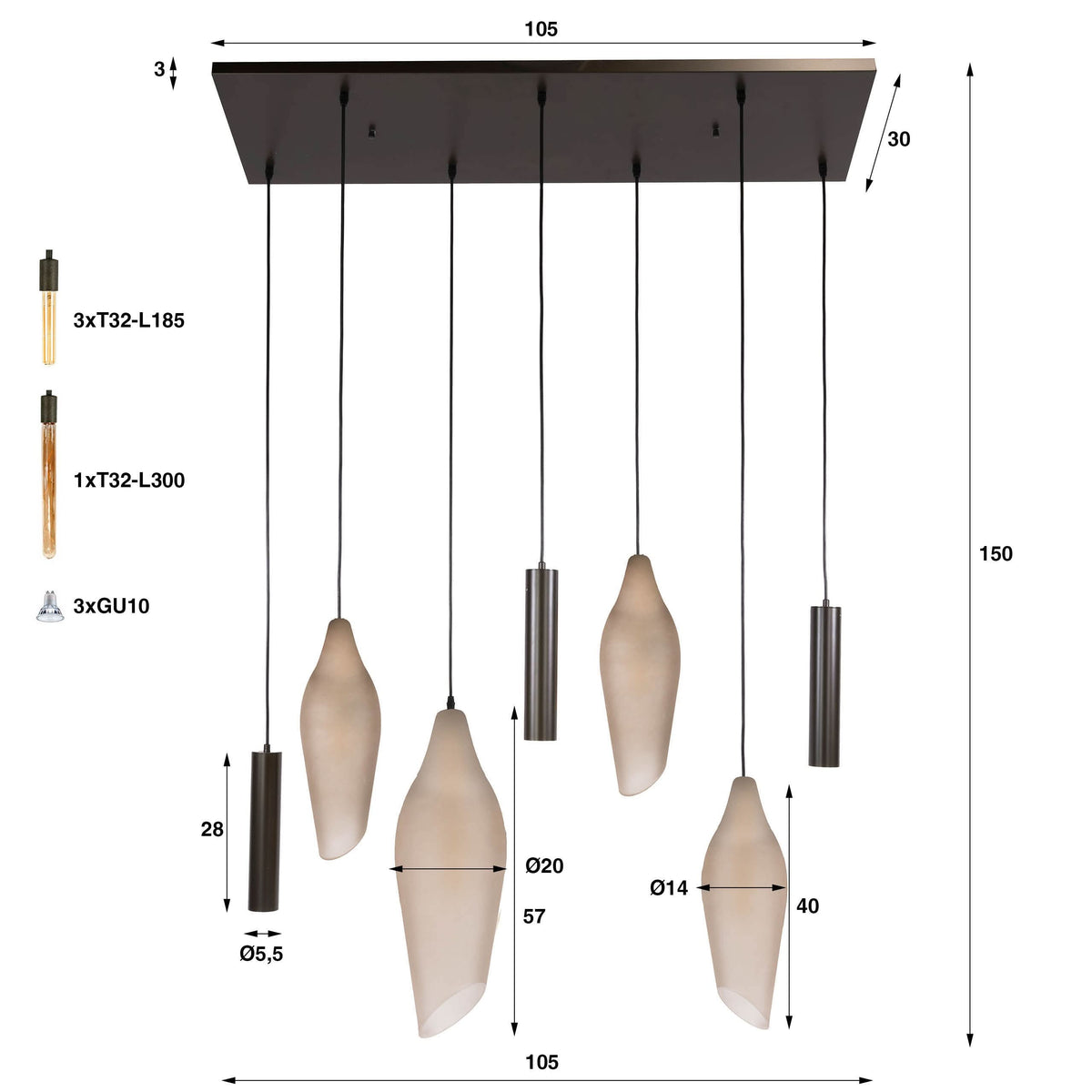 Hängelampe 7-flammig, 105 cm breit – Sienna-Braun / Milchglas – Bild 5