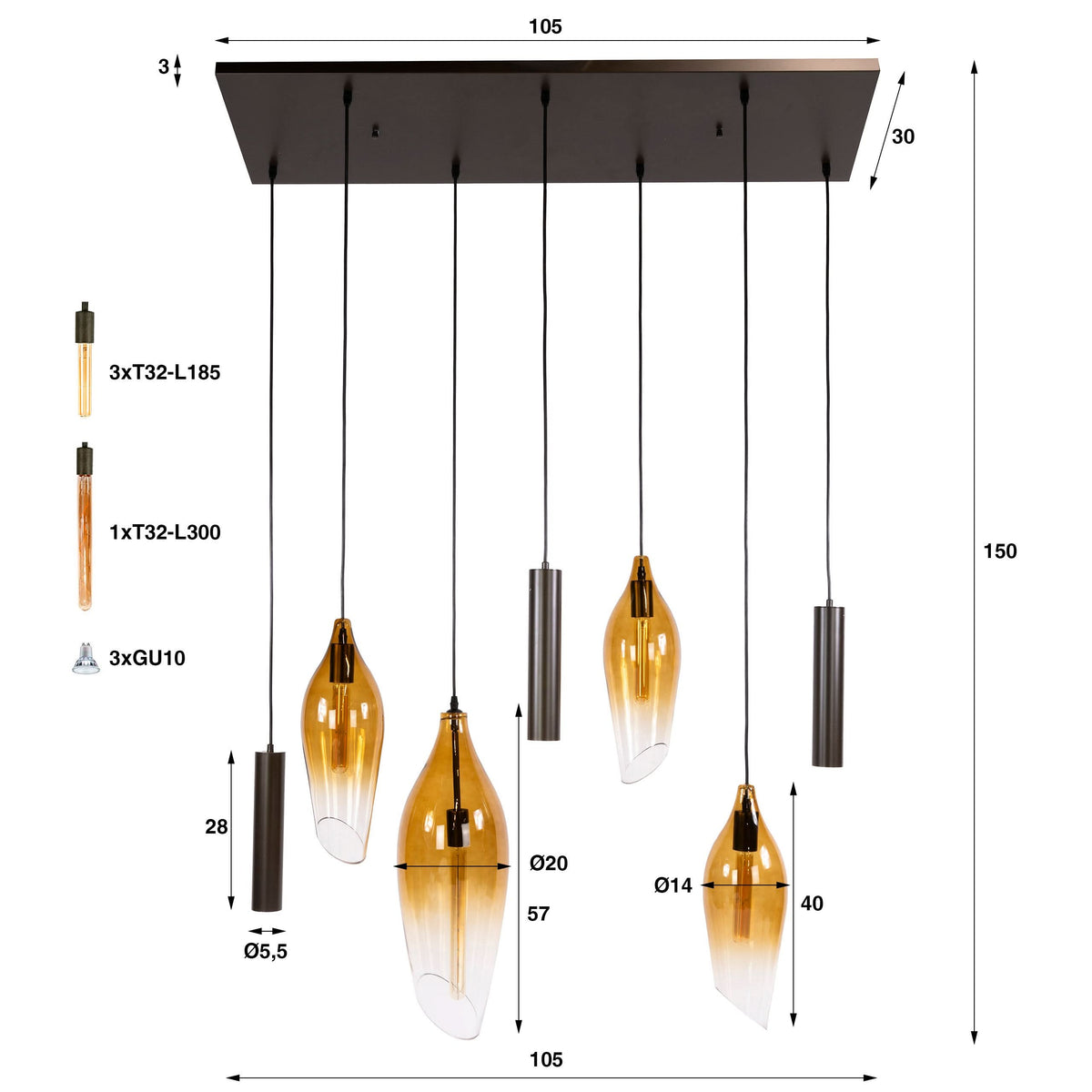 Hängelampe 7-flammig – Sienna-Braun / Rauchglas – Bild 6