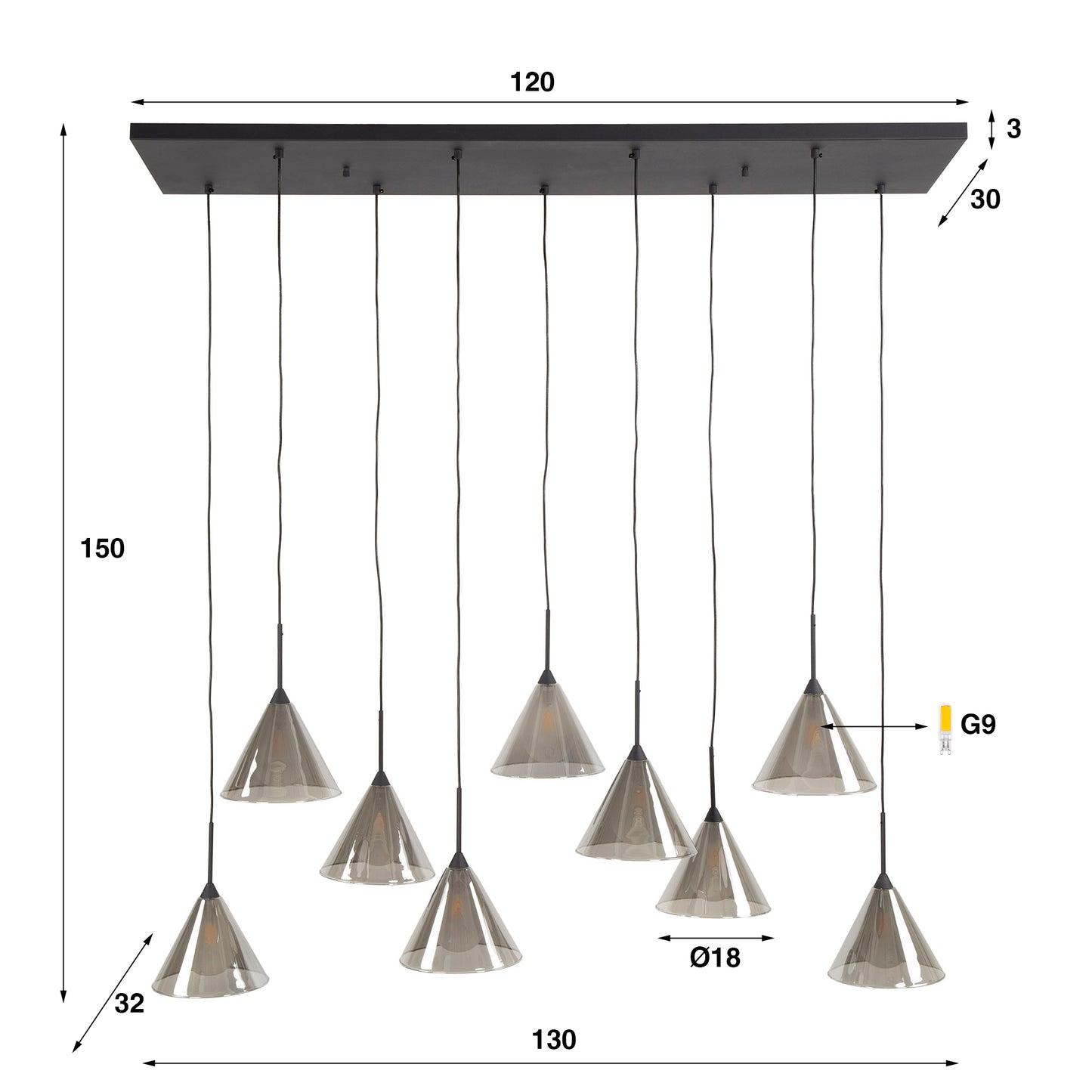 Hängelampe 5+4 Kegel Kappe Glas (G9)