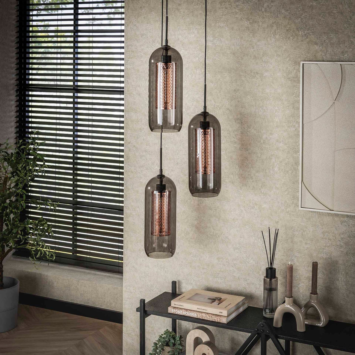 Hängelampe 3L smoke glass-perforierter Stahl gestuft