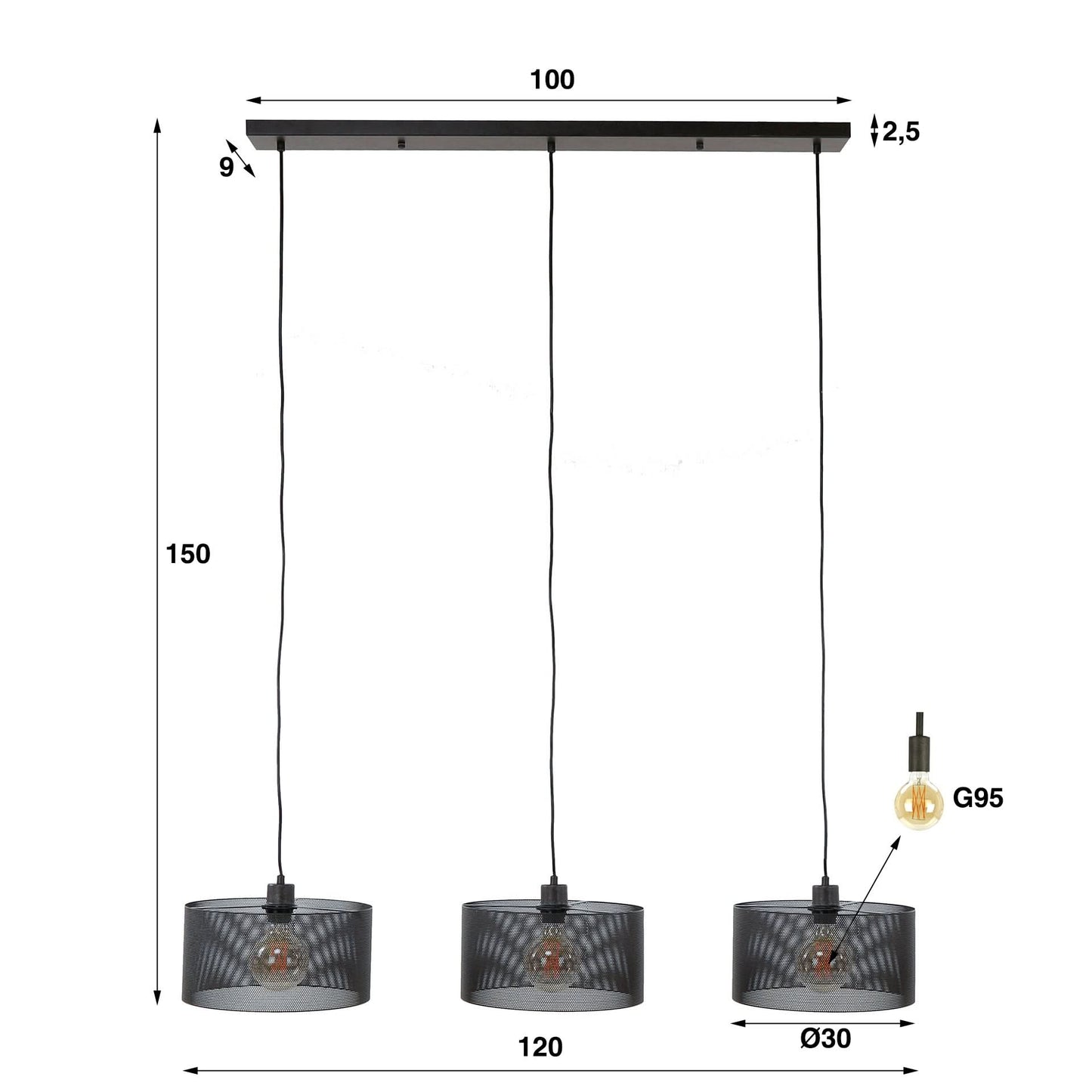 Hängelampe 3L mesh round/Artic schwarz