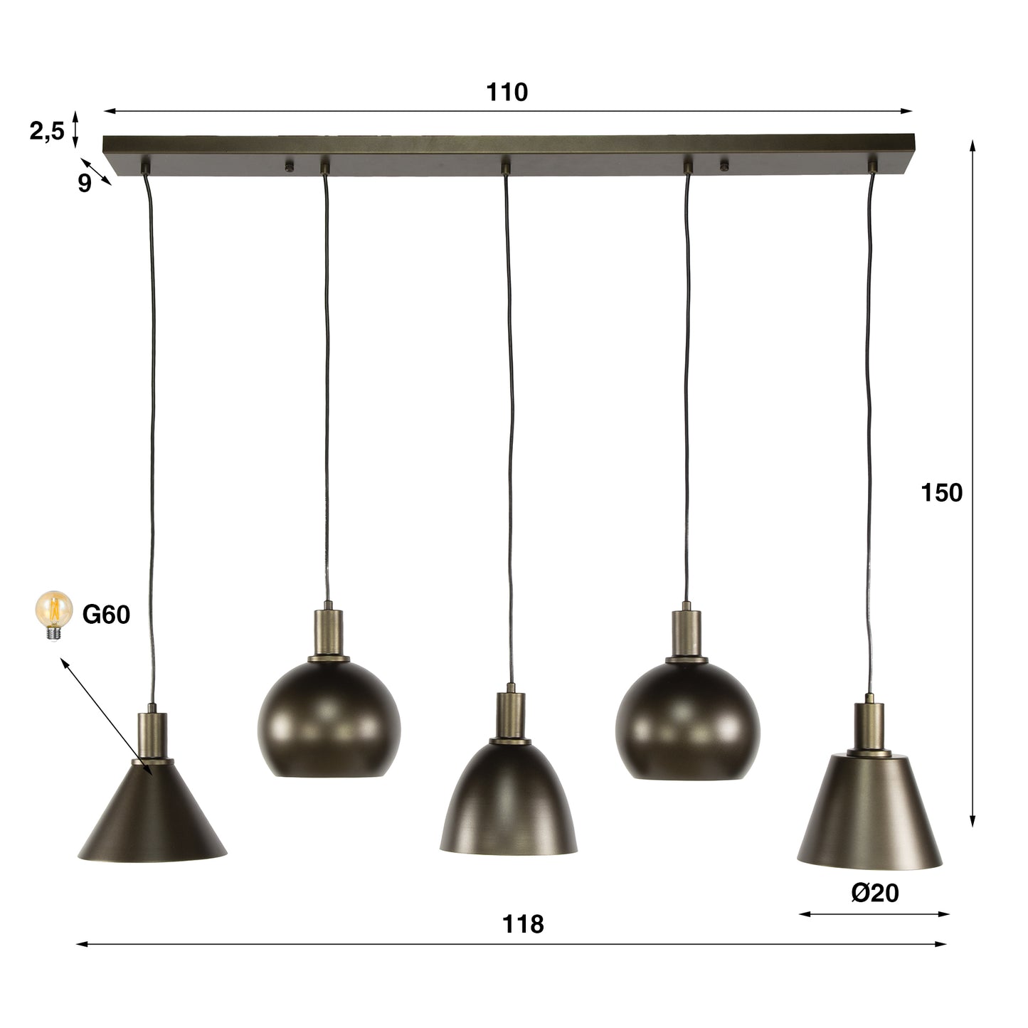 Hängeleuchte Metallo 5-light / Sienna braun