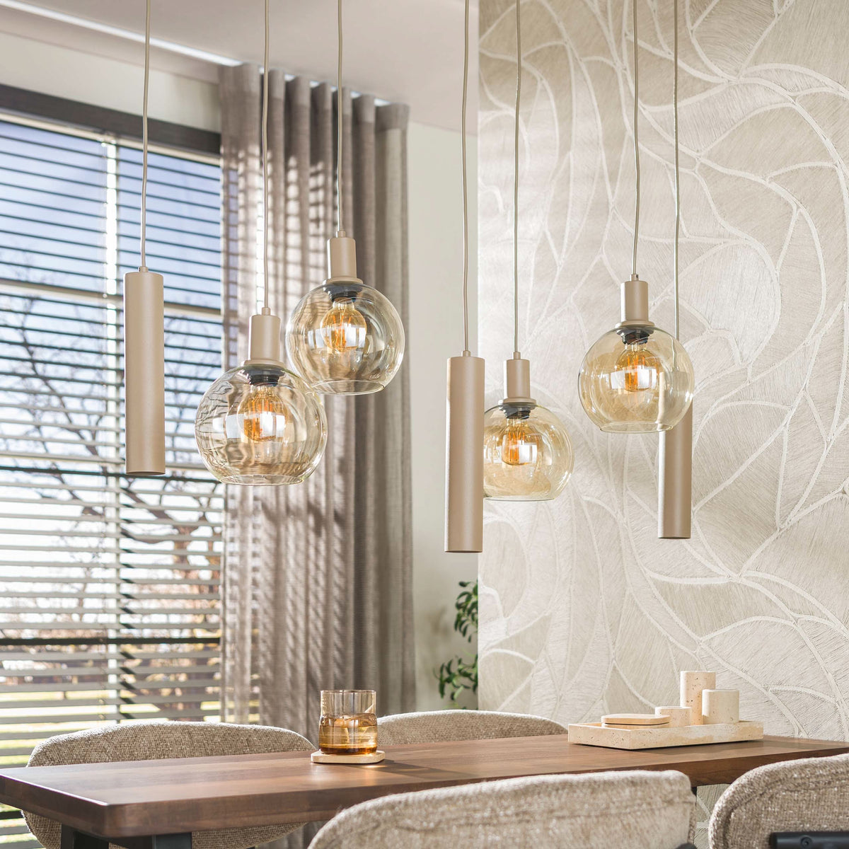 Hängelampe 7-flammig, Glas – Beige – Bild 2
