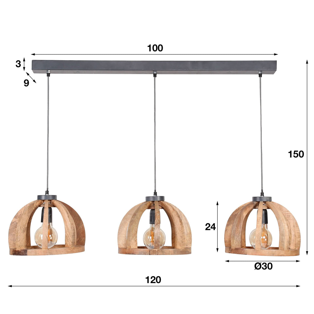 Hängelampe 3x Ø30 gebogene Holzstangen – Massiv mango Natur – Ansicht 4