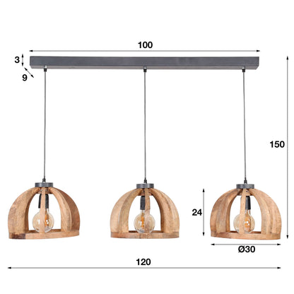 Hängelampe 3x Ø30 gebogene Holzstangen / Massiv mango naturel